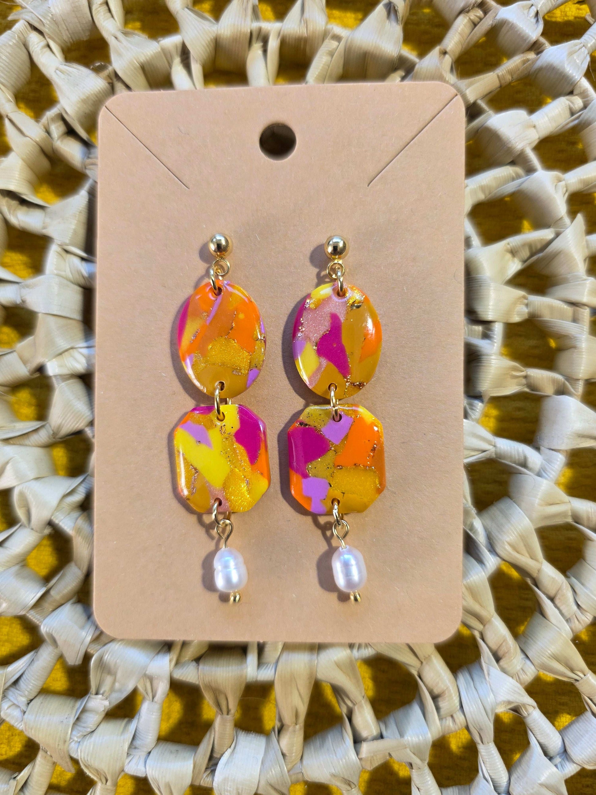 Très belles boucles d'oreilles Olga, teinte "Sunset" en argile polymère, collection Sol, été 25