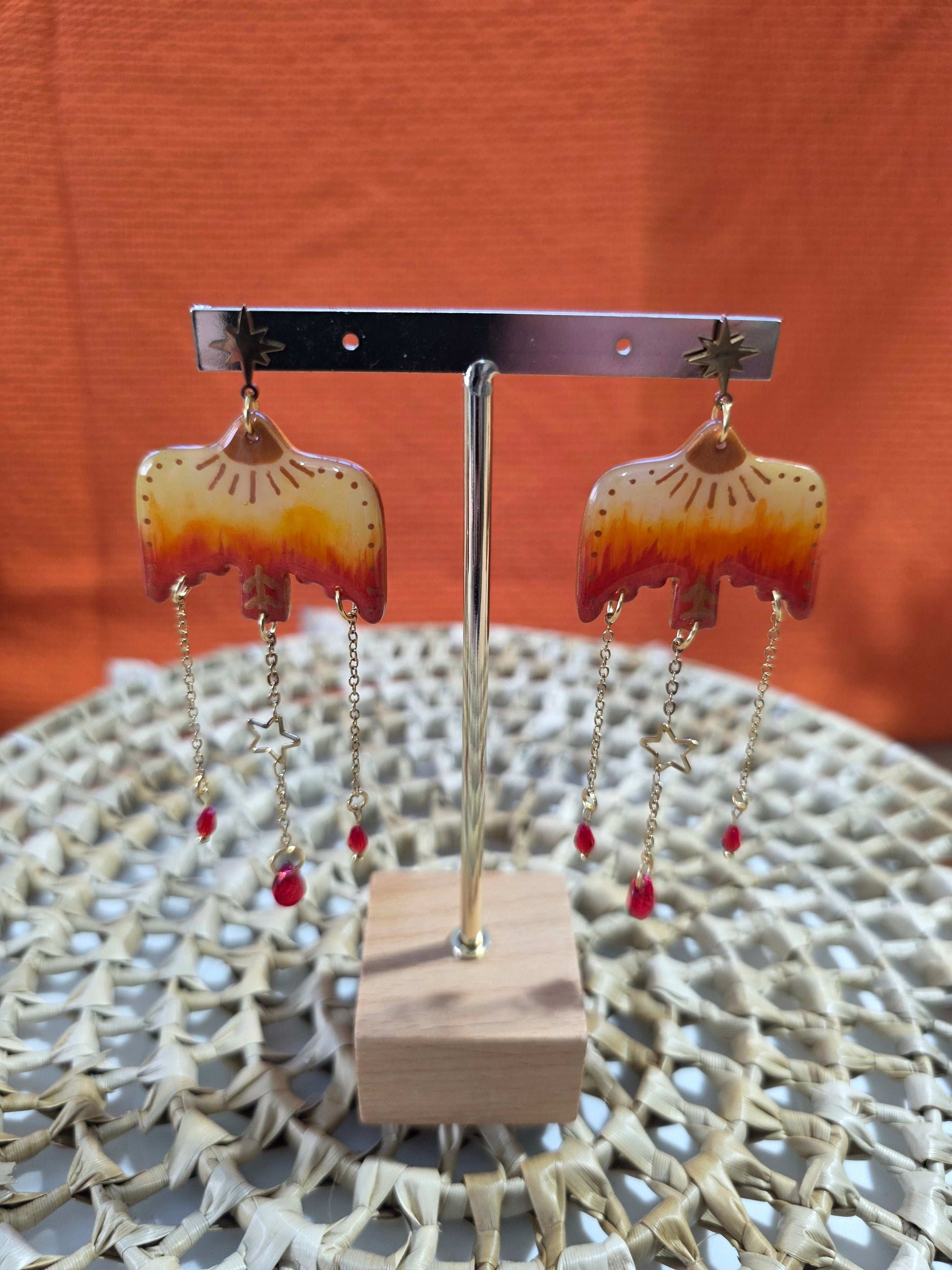 Boucles d'oreilles puces en argile polymère “Oiseaux de Feu” - collection Sol - été 2025