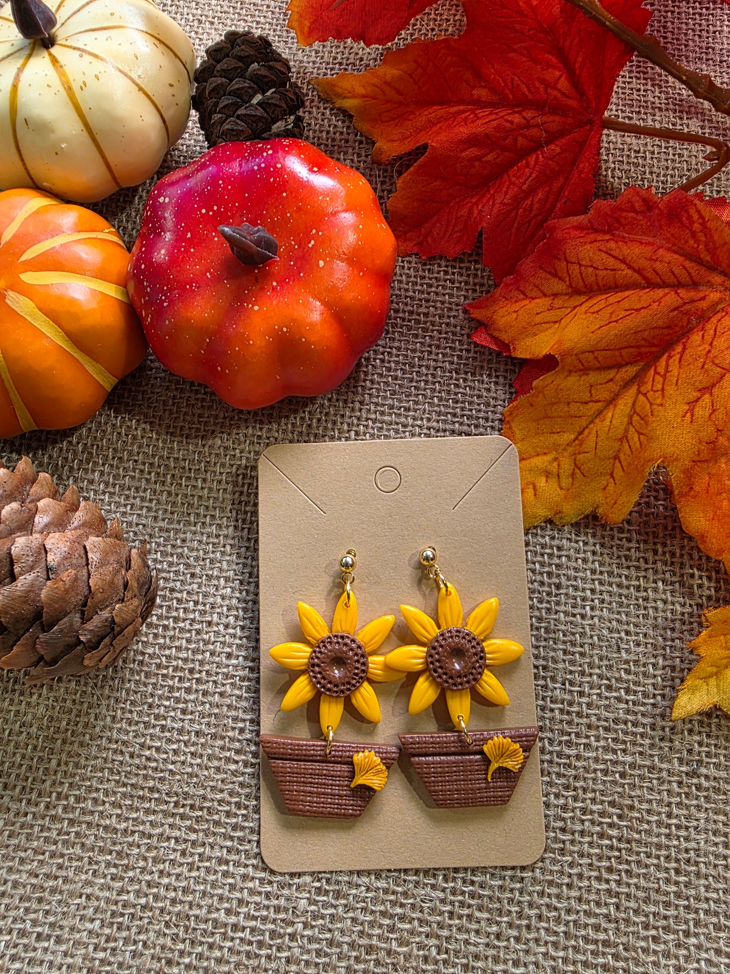 Boucles d'oreilles en argile polymère collection ESPRIT D'AUTOMNE modèle Soleil en pot - collection automne