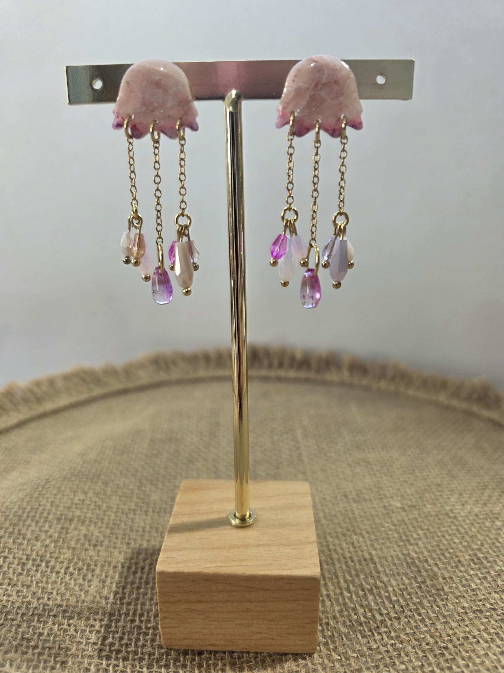 Boucle d'oreille Mélusine (méduse argile polymère transparente rose) Collection "Sous l'Océan" été 2025