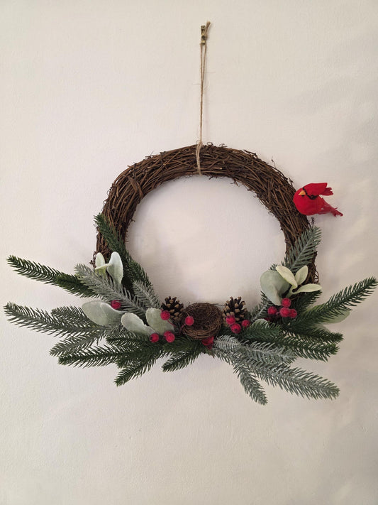 Cardinal du Jardin d’Hiver – Couronne de Noël artisanale unique
